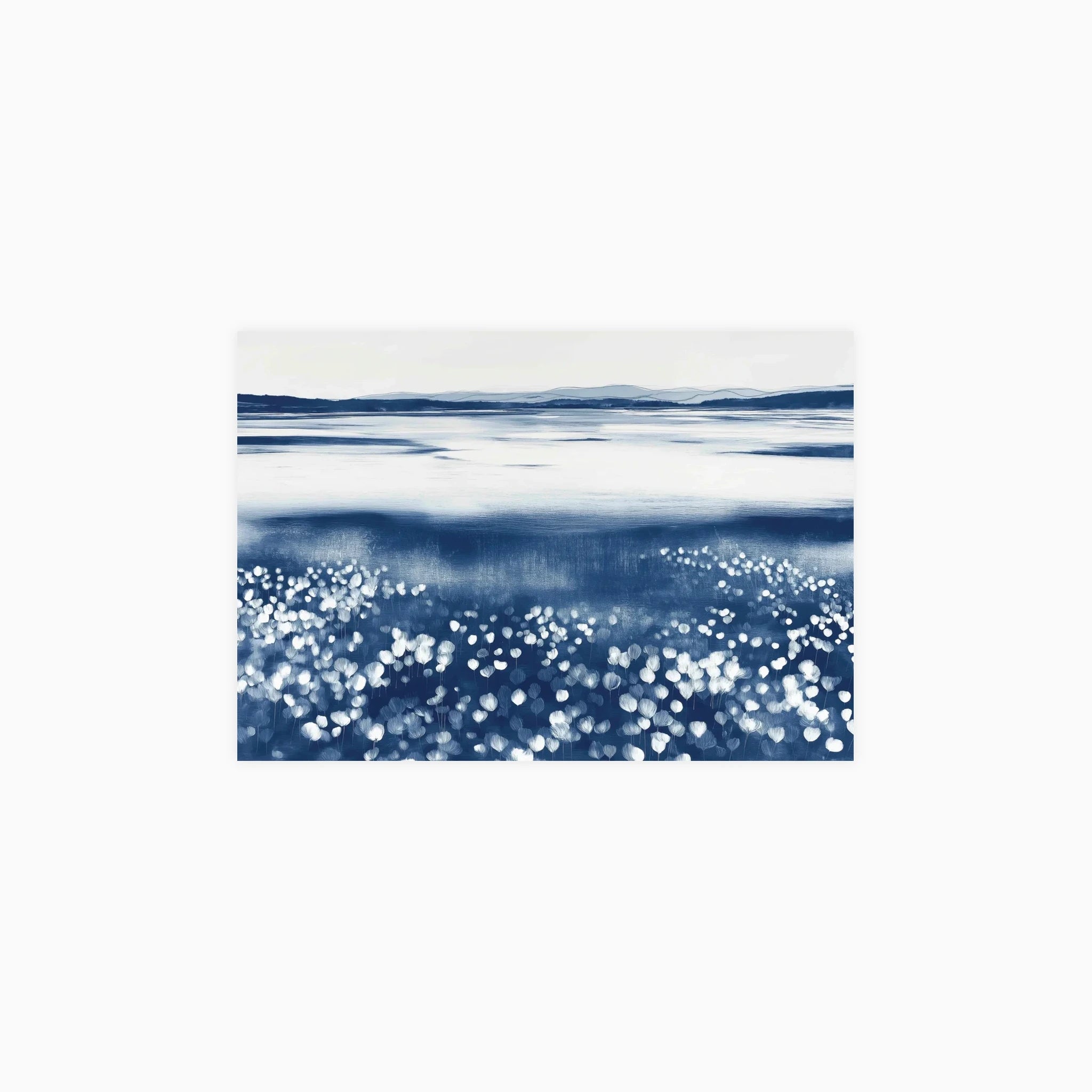 Blue Meadow by the Lake with White Wildflowers Poster